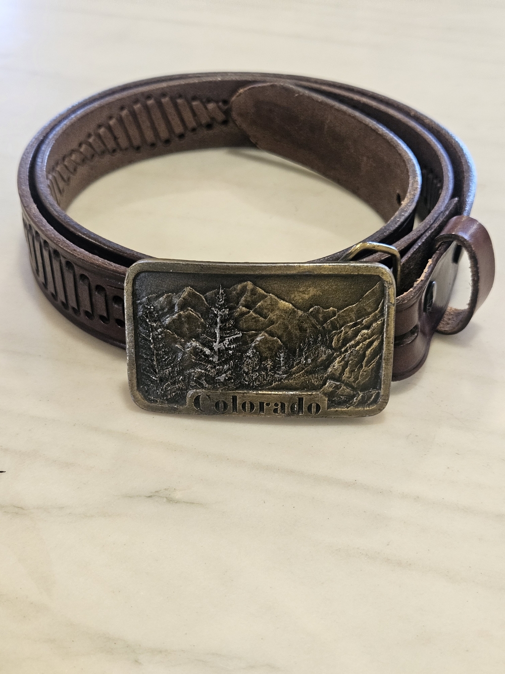 Vintage 70s/80s Colorado Mountain Brass Belt Buckle Tooled Leather Belt Size 38